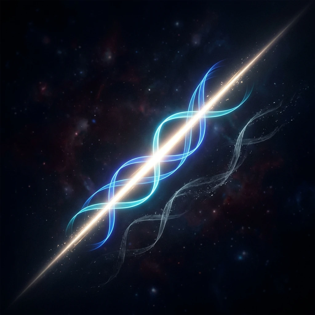 A single beam of brilliant light crossing a dark cosmic landscape at an unreachable speed, depicted with two crisp glowing ribbons twisting around it like a double helix of polarization, while ghostly outlines of a third missing ribbon dissolve into nothing