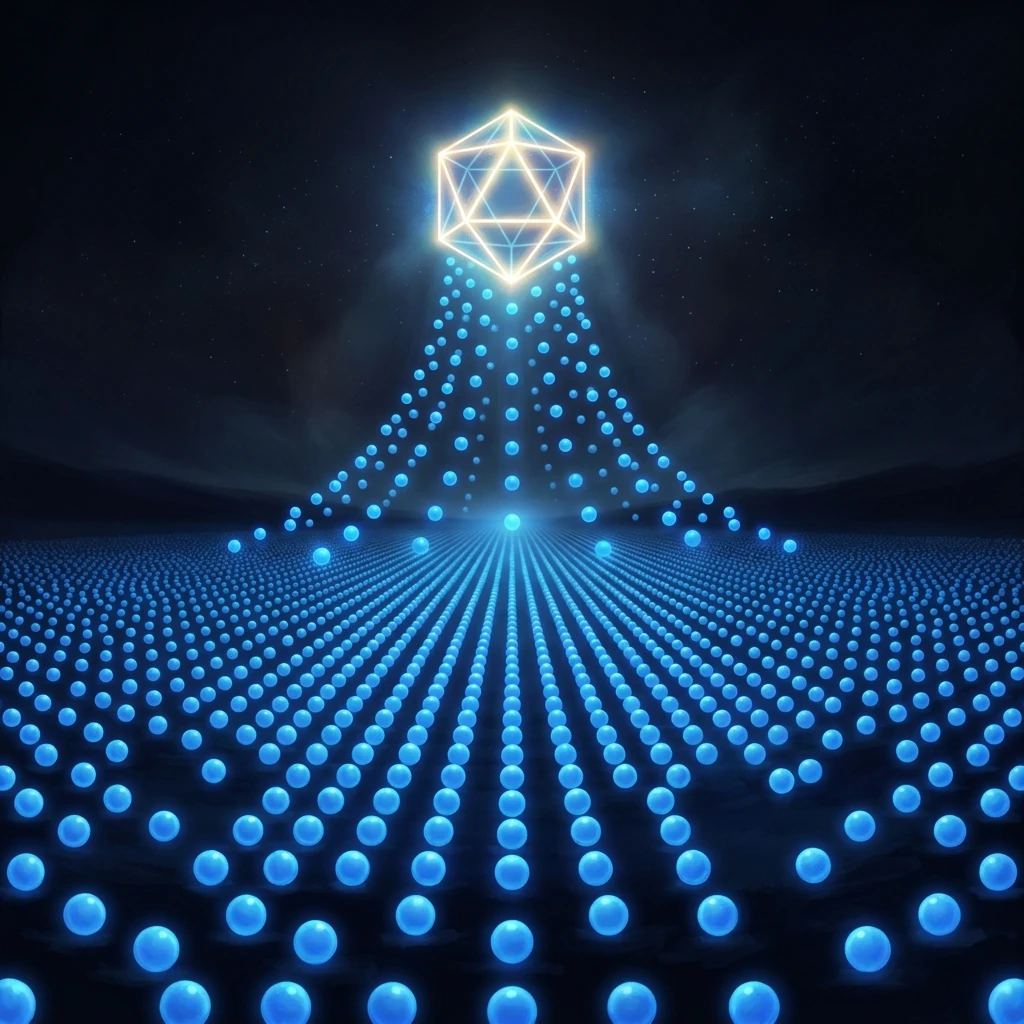 An endless orderly field of identical glowing blue spheres receding to the horizon like freshly minted coins, and hovering above them a single luminous geometric die made of pure light from which they all descend