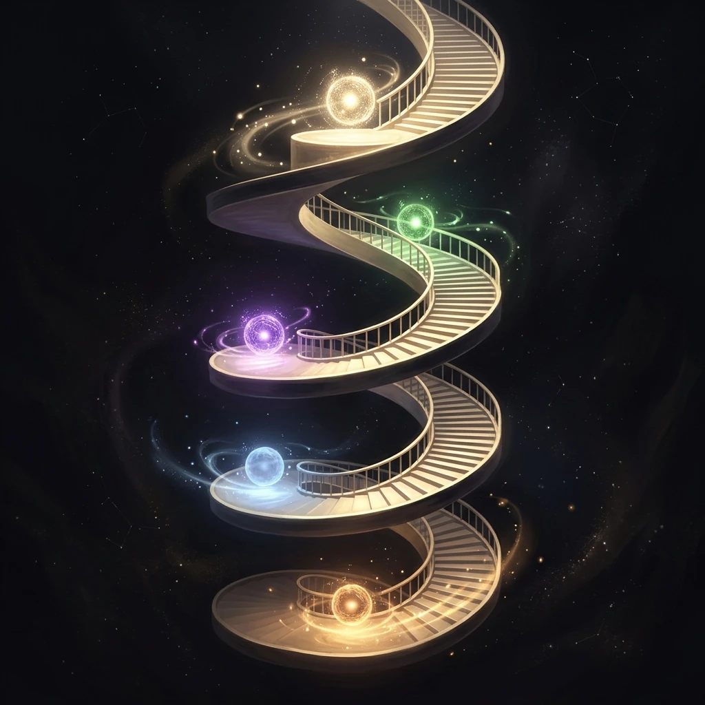 A grand luminous spiral staircase ascending through darkness with wide glowing landings only at precise regular heights, each landing occupied by a different glowing particle orb, and between the landings sheer smooth wall where nothing can stand