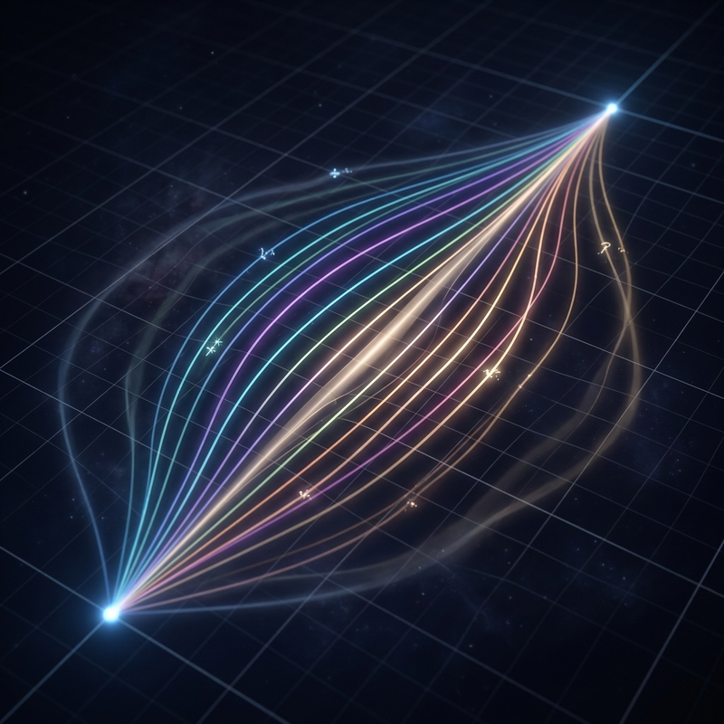 Many curved world-lines weaving through a spacetime grid, each colored by its quantum phase, converging on a bright stationary-phase trajectory
