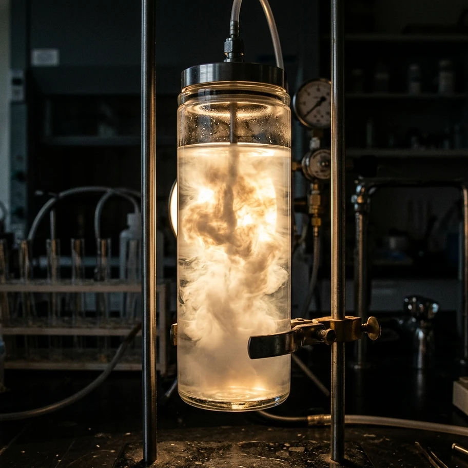 Fluid at critical point becoming milky and opalescent as density fluctuations scatter light