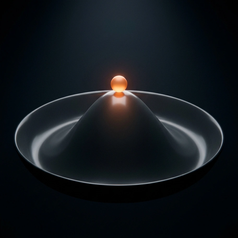 Ball balanced on Mexican hat potential illustrating spontaneous symmetry breaking