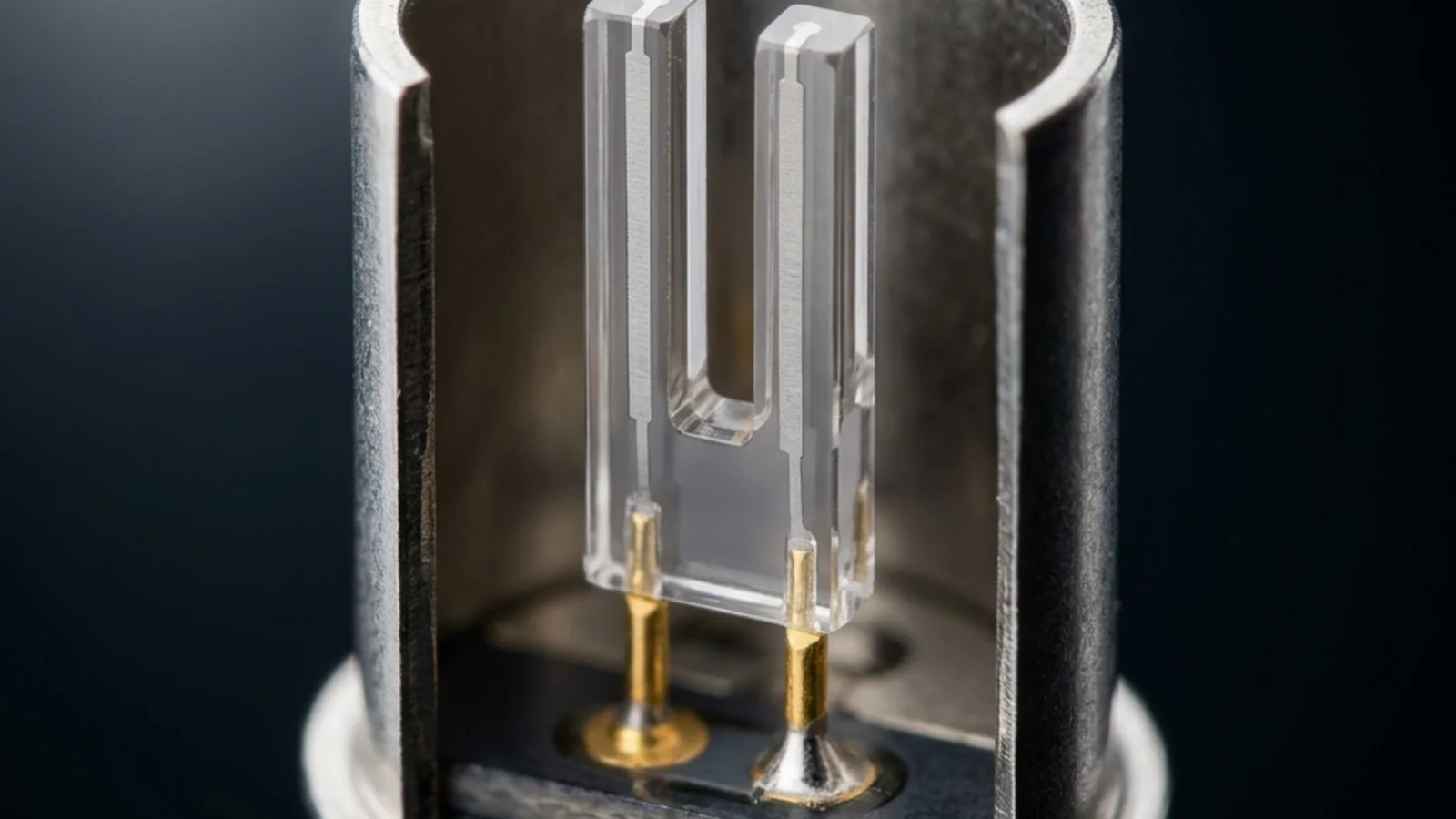 An extreme close-up of a watch quartz oscillator removed from its can, showing the precision-cut transparent quartz tuning fork inside