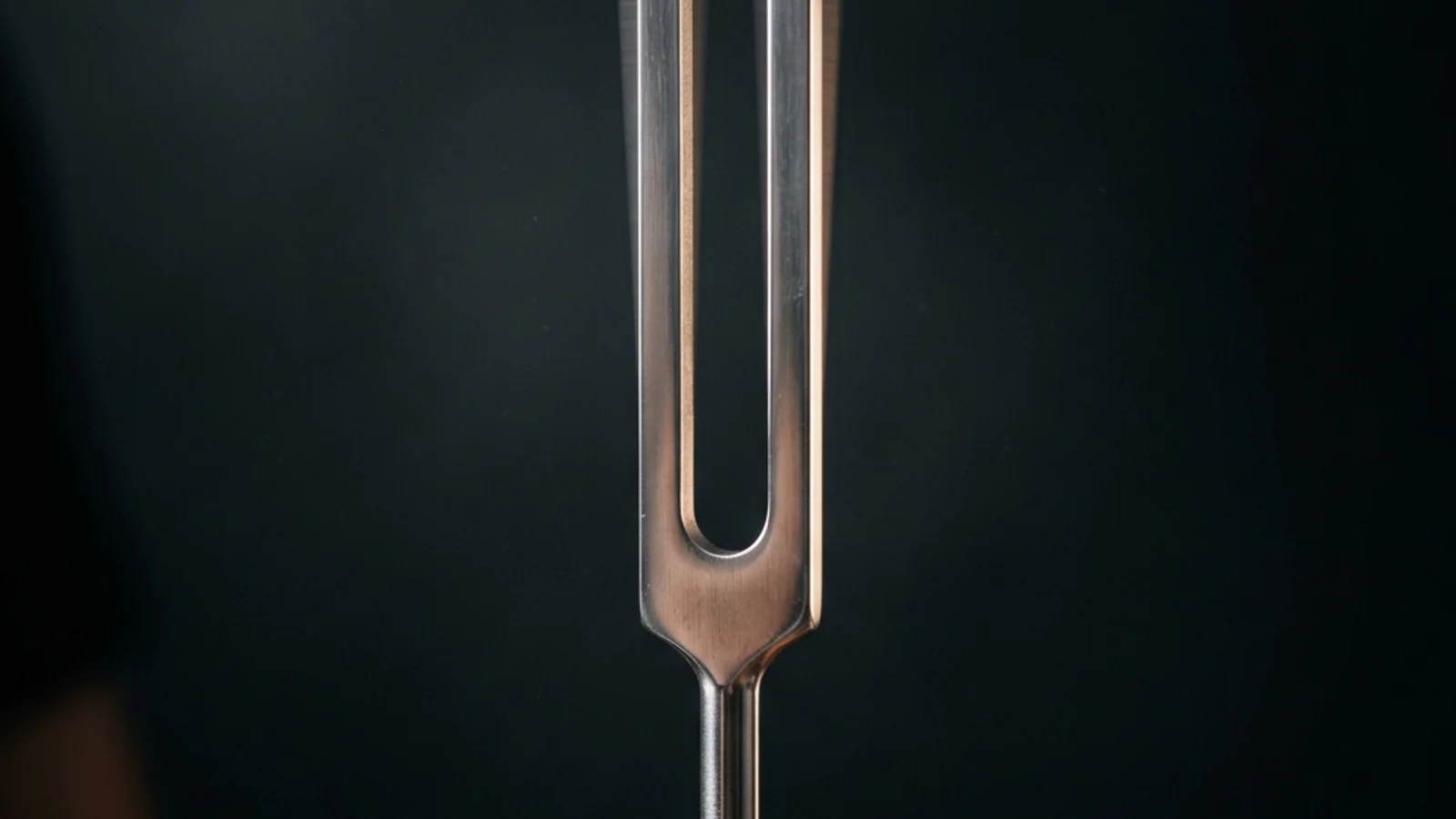 A struck tuning fork held in macro photography against a dark background, with faint motion blur on the tines visualizing real mechanical vibration