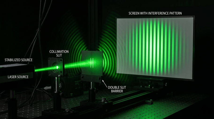 Double-Slit Experiment Setup with Laser Beam and Interference Pattern on Screen