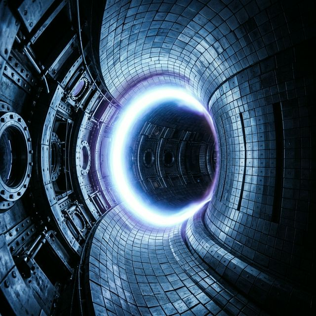 Interior of a tokamak fusion reactor with glowing plasma ring