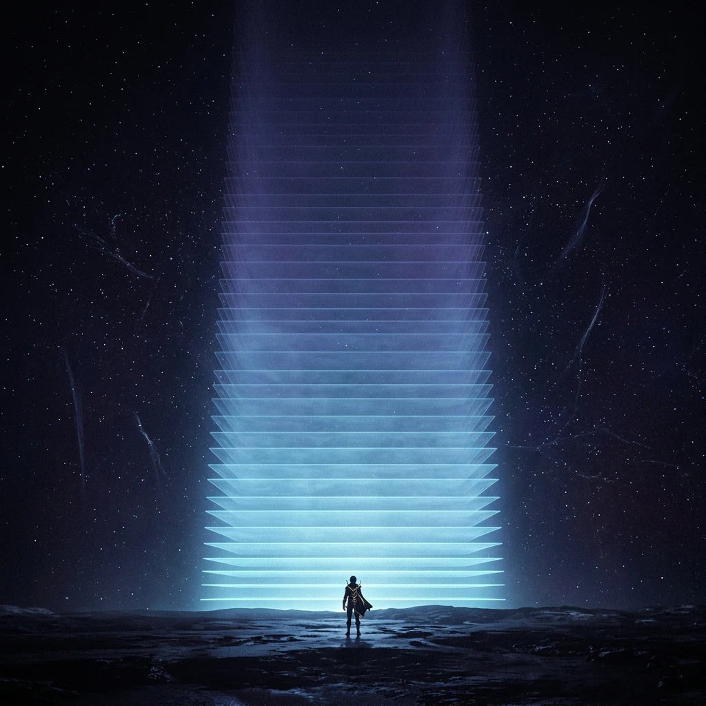 A lone figure standing on a dark plain beneath an immensely tall luminous column of atmosphere rendered as faint stacked layers of light fading into space