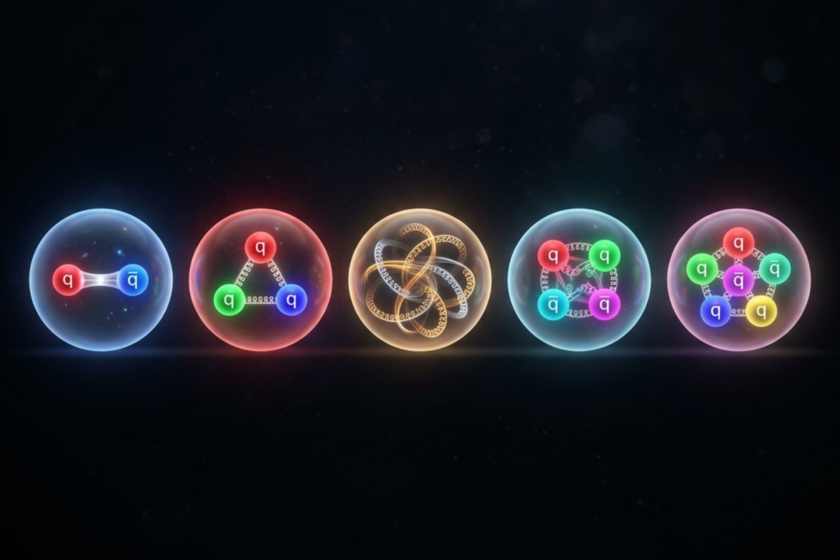 A scientific illustration lineup of five color-neutral QCD bound states: ordinary meson (quark-antiquark), baryon (three quarks), glueball (pure gluon bound state), tetraquark (four quarks), and pentaquark (five quarks), each with distinct visualized compositions
