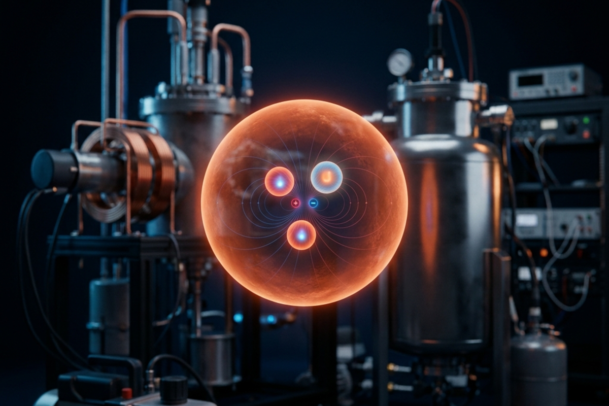 A neutron with a vanishingly small separation between its positive and negative charge centers, visualized against an experimental apparatus sensitive to electric dipole moments