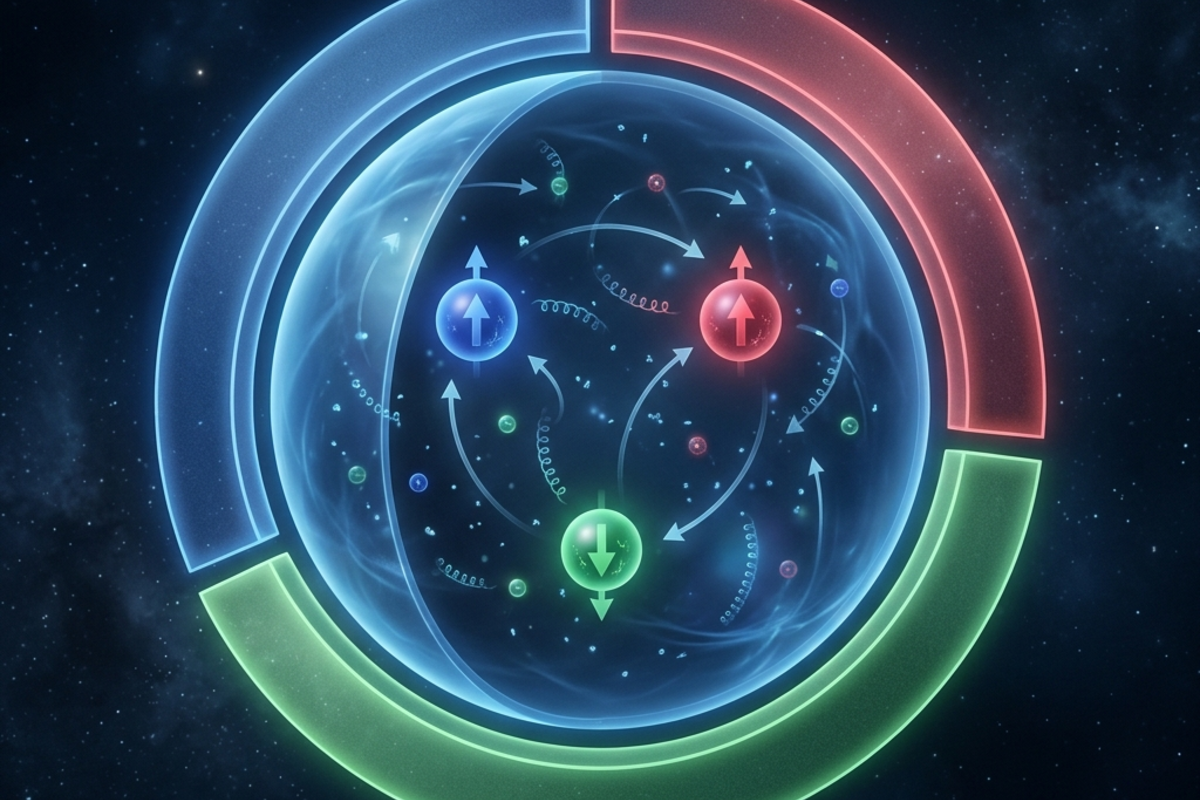 A proton cross-section with a pie-chart overlay showing roughly 30 percent from valence quark spin, 30 percent from gluon spin, and the remainder from orbital angular momentum contributions