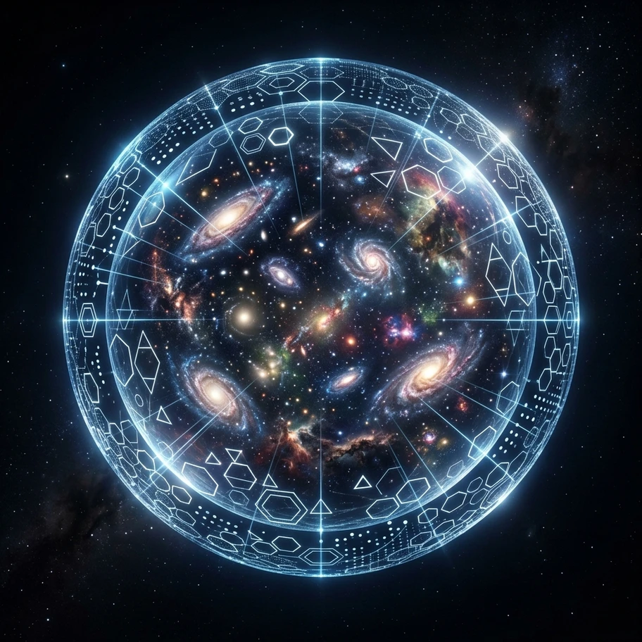 Holographic principle visualization showing 3D volume encoded on 2D boundary surface