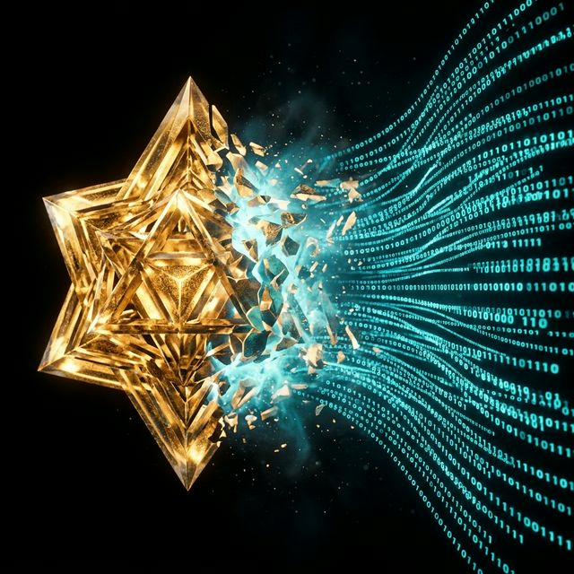 Visual metaphor of physical reality dissolving into pure abstract information