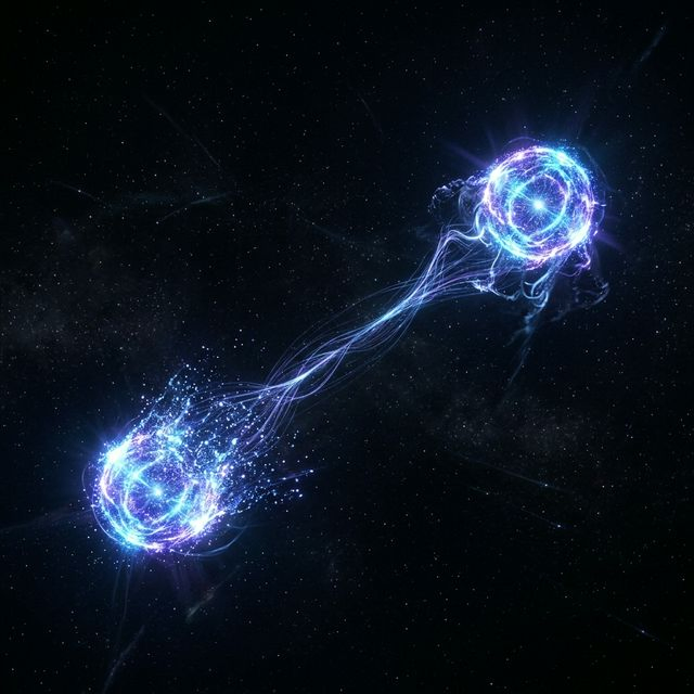 Two entangled particles connected by luminous threads across vast space, one dissolving as the other reforms