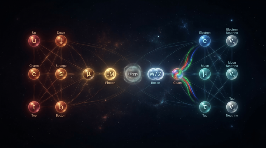 Standard Model Chart Showing Six Quarks Six Leptons and Force Carrier Particles