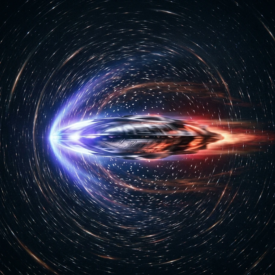 Spacecraft compressed along its direction of motion at near light speed