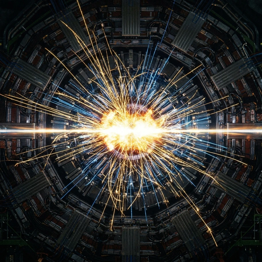 Particle beams colliding inside a detector chamber creating new particles