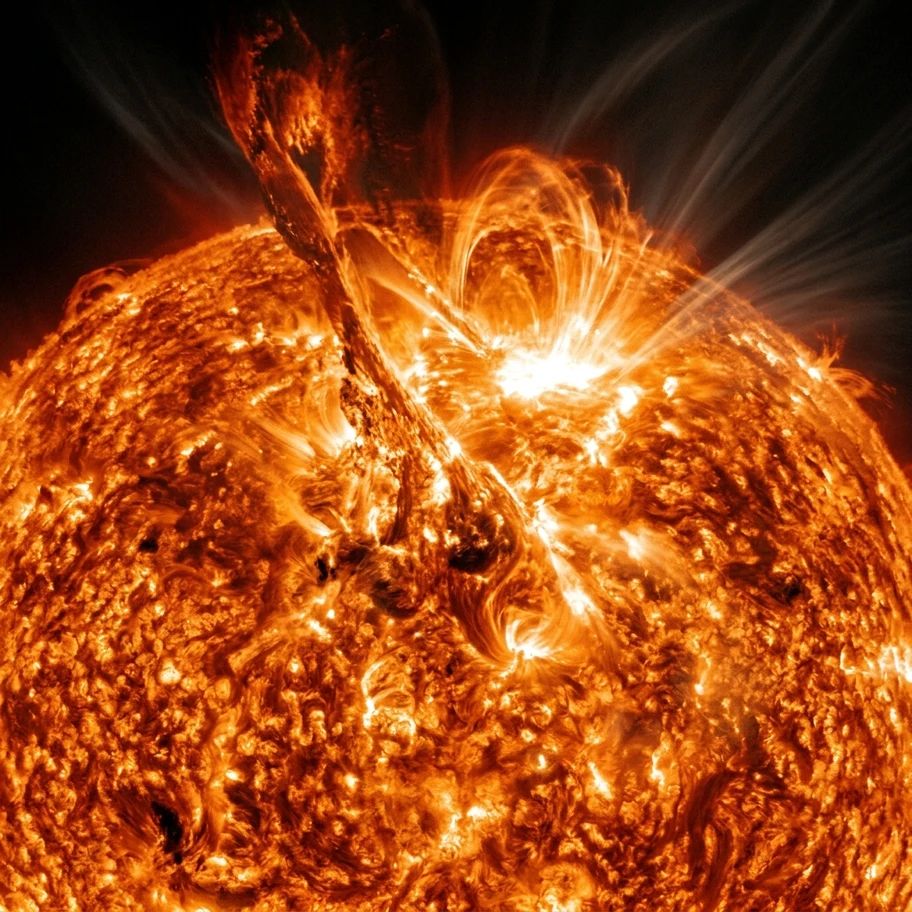 Close-up of Sun's surface showing violent nuclear fusion and solar flares