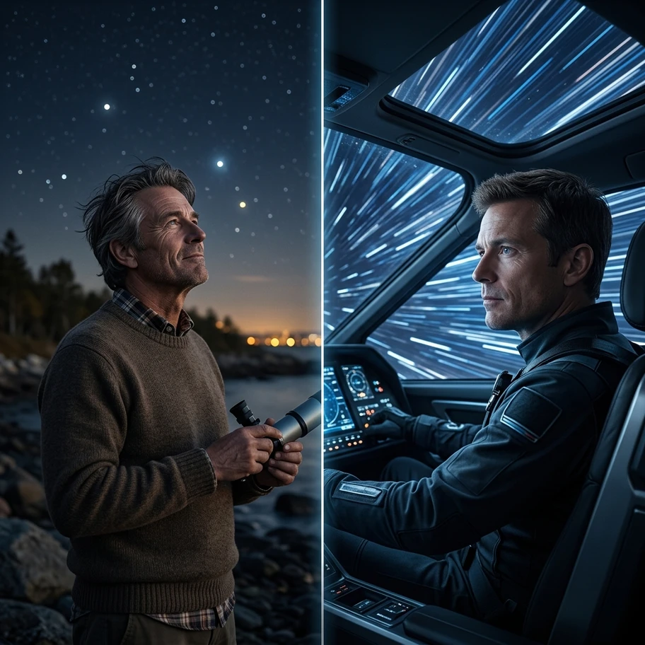 Two friends reuniting after one traveled at near light speed, visibly different ages