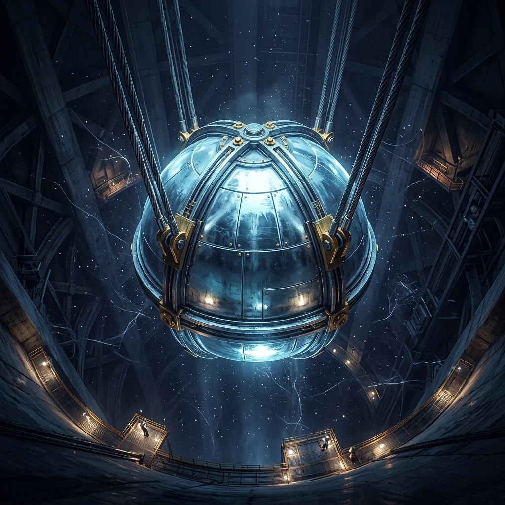 An enormous polished steel sphere suspended by cables inside the dark hollow core of a skyscraper, hanging motionless above viewing platforms