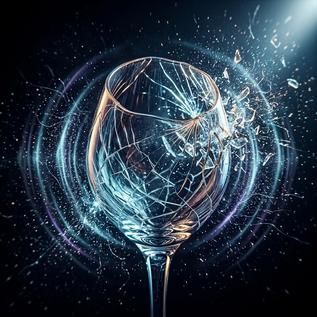 A crystal wine glass shattering, its bowl covered in a web of cracks with shards flying off one side, ringed by faint concentric circles of sound spreading outward, lit by a single hard light against black