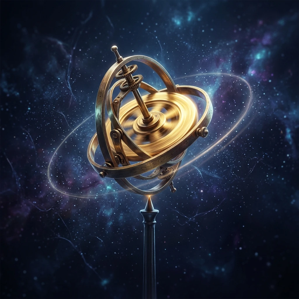 A brass gyroscope balanced impossibly on a single point, its rotor blurred with speed, the whole frame tilted far over from vertical while resting on the tip of a slender stand