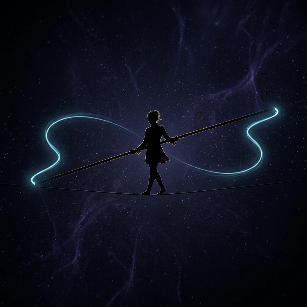 A tightrope walker in silhouette against blackness holding a very long pole horizontally, the pole's ends trailing faint arcs of light as it counters a wobble