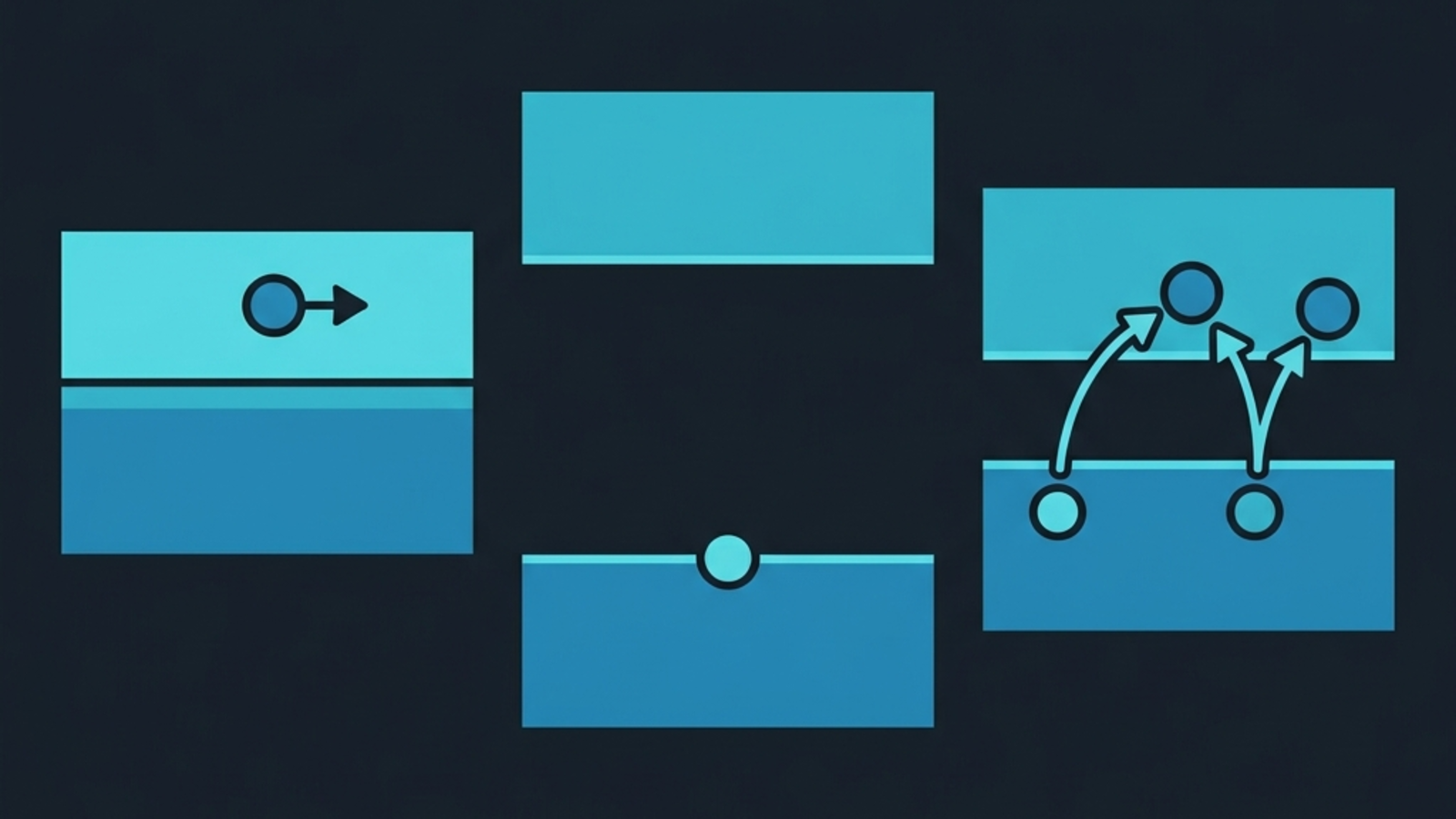 Three vertical band diagrams side by side: a metal with overlapping bands and a flowing electron, an insulator with a wide gap and a stuck electron, and a semiconductor with a narrow gap where some electrons jump across and leave holes behind