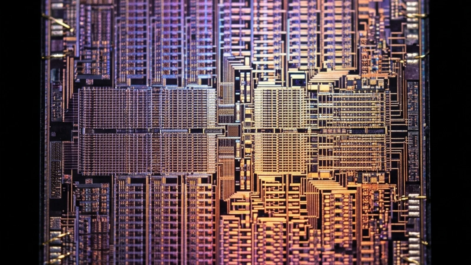 Extreme close-up macro photograph of a modern silicon processor die, revealing the geometric grid of metal interconnects in iridescent purples and blues that form billions of transistor circuits