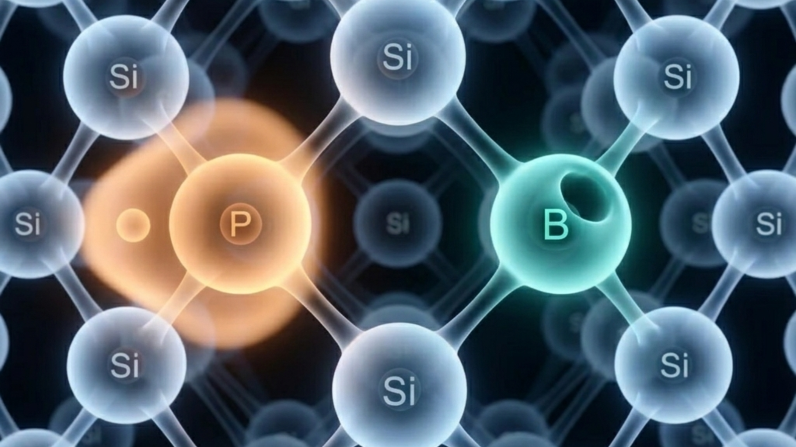 3D lattice of silicon atoms represented as probability clouds, showing an n-type impurity with extra density and a p-type impurity with a hole