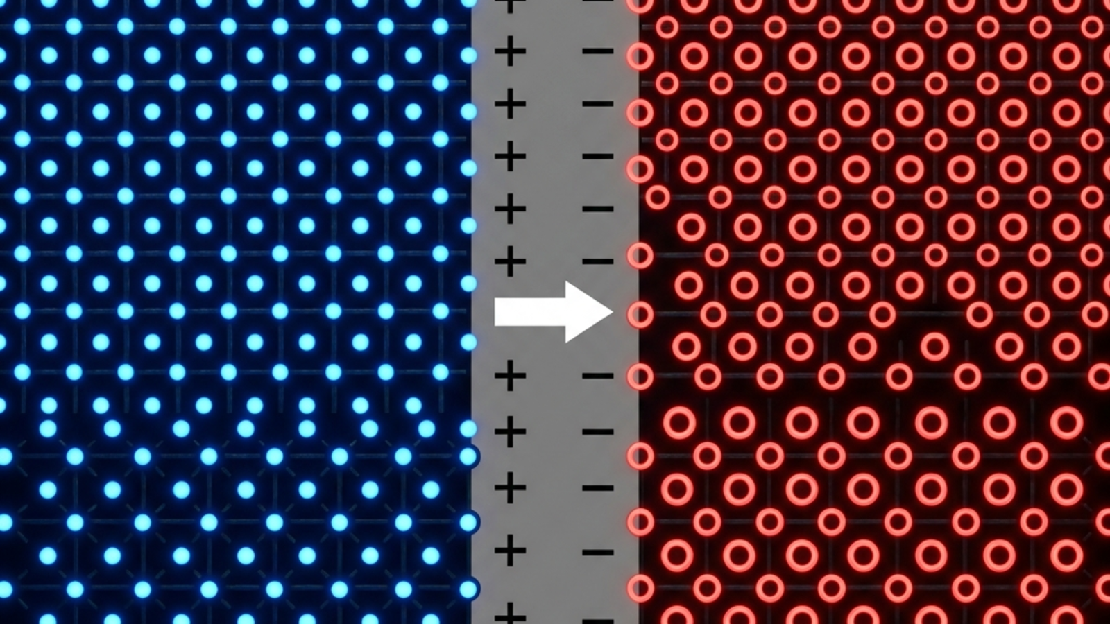 Cross-section illustration of a PN junction: blue n-type region with electrons on the left, red p-type region with holes on the right, a narrow gray depletion zone in the middle with arrows showing carrier diffusion stopped by the built-in electric field