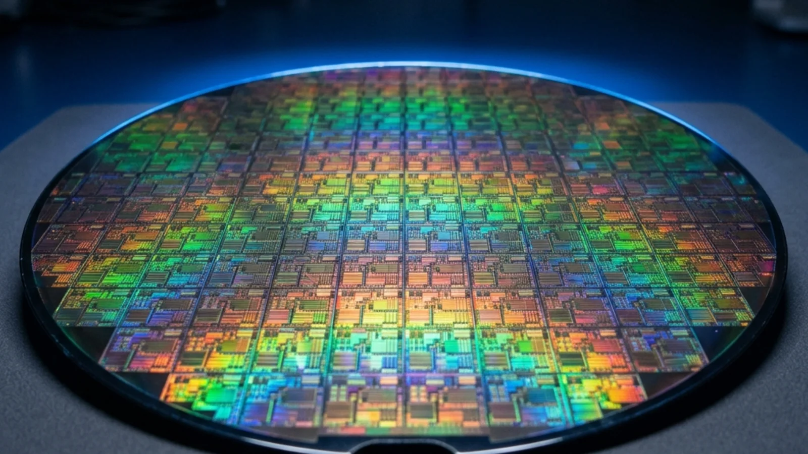A polished circular silicon wafer reflecting iridescent rainbow patterns under cleanroom lighting, showing the grid of identical chip dies etched onto its surface