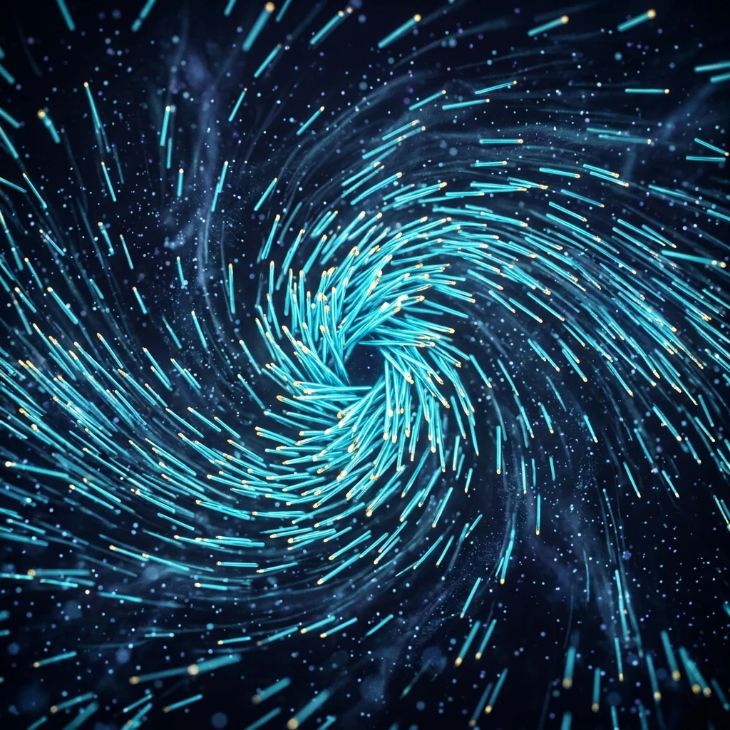 A dense field of luminous rod-shaped molecules with bright tips, scattered in position but agreeing on direction with their immediate neighbors, the whole alignment sweeping around a central point in a slow spiral
