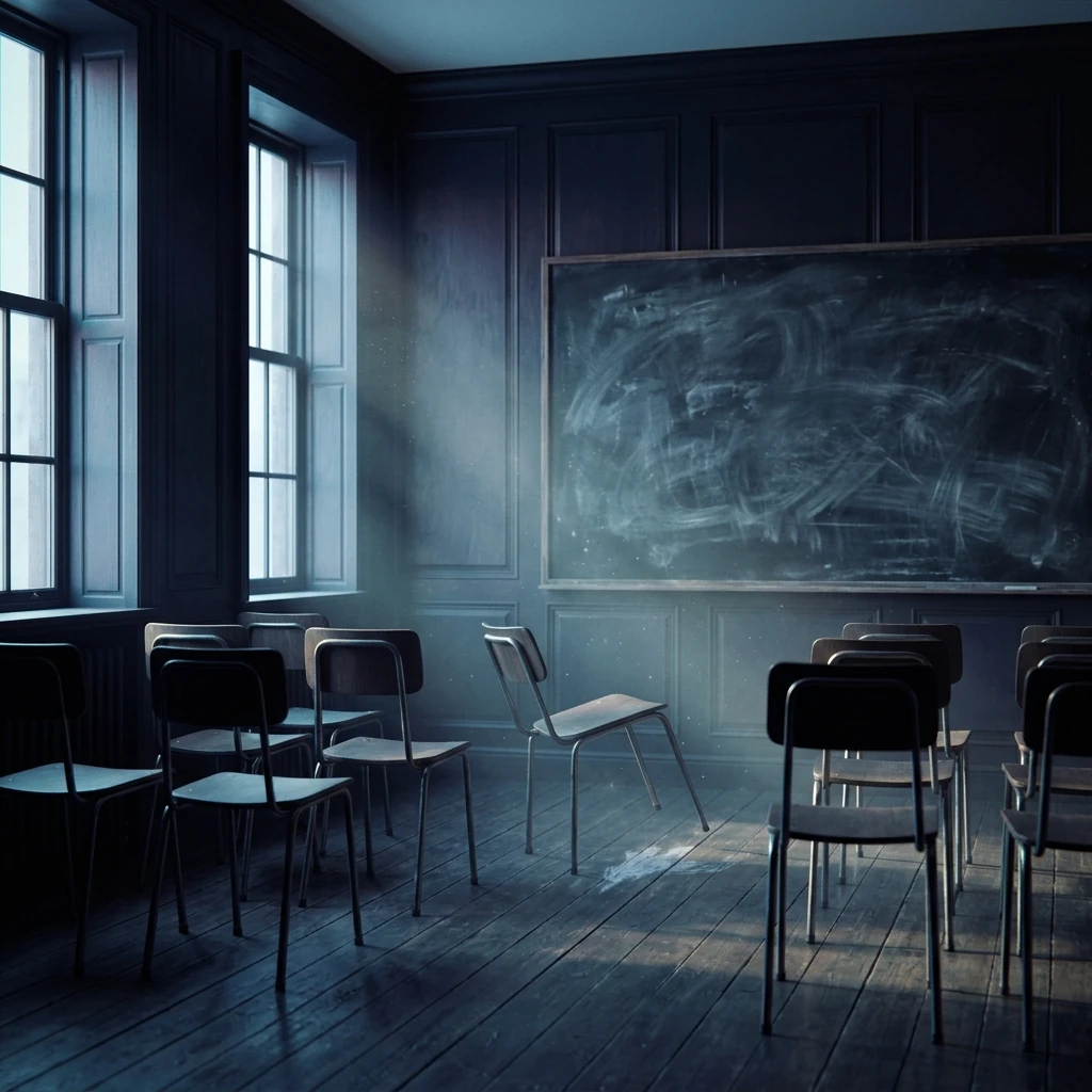 A dim panelled meeting room lit by tall windows, chairs arranged in rows facing a blackboard covered in half-erased equations, the room empty but recently occupied
