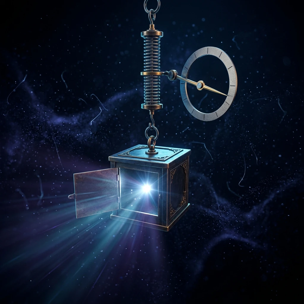 A small metal box hanging from a spring balance in darkness, a shutter open on one side with a single point of light escaping, a pointer on the scale beside it