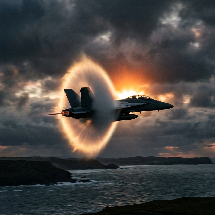 Supersonic aircraft breaking the sound barrier with visible shock cone