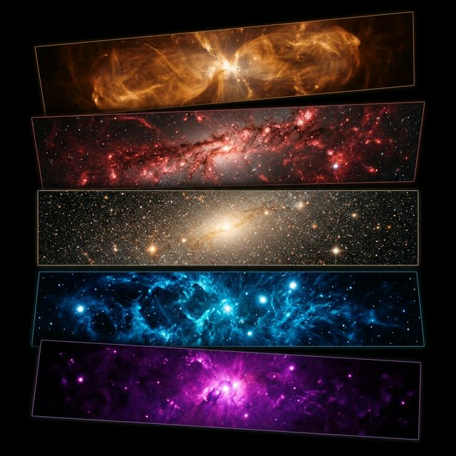 Composite multi-wavelength view of Milky Way center showing radio, infrared, visible, X-ray, and gamma ray data