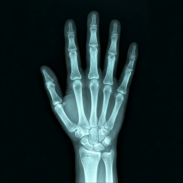 X-ray of a human hand showing bone structure