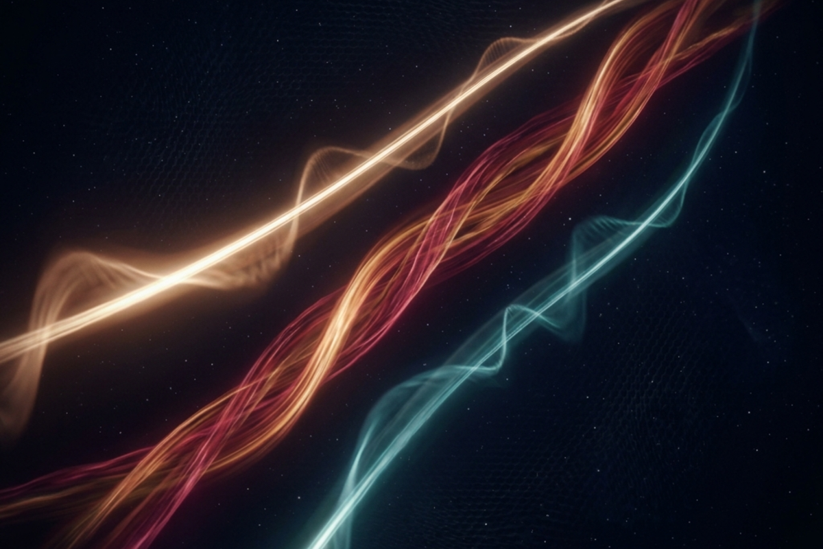 Intense streams of energy rippling through an infinite dark void representing gauge bosons