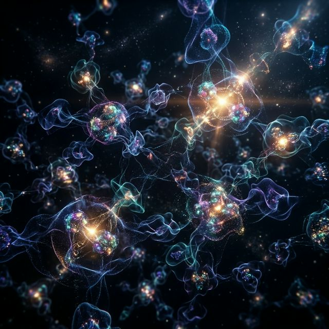 A vast field of shimmering probability clouds representing quarks and leptons