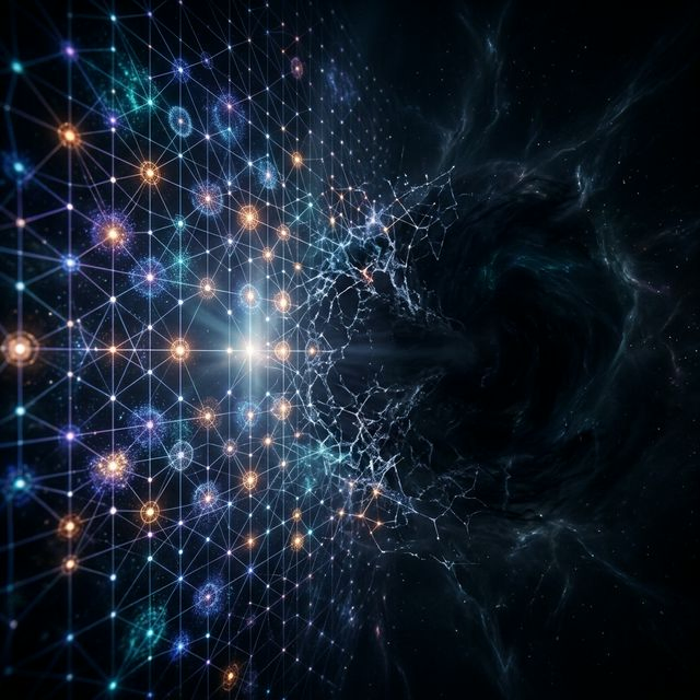 A perfect geometric grid fading into a dark, unstructured vast unknown representing limits of the Standard Model