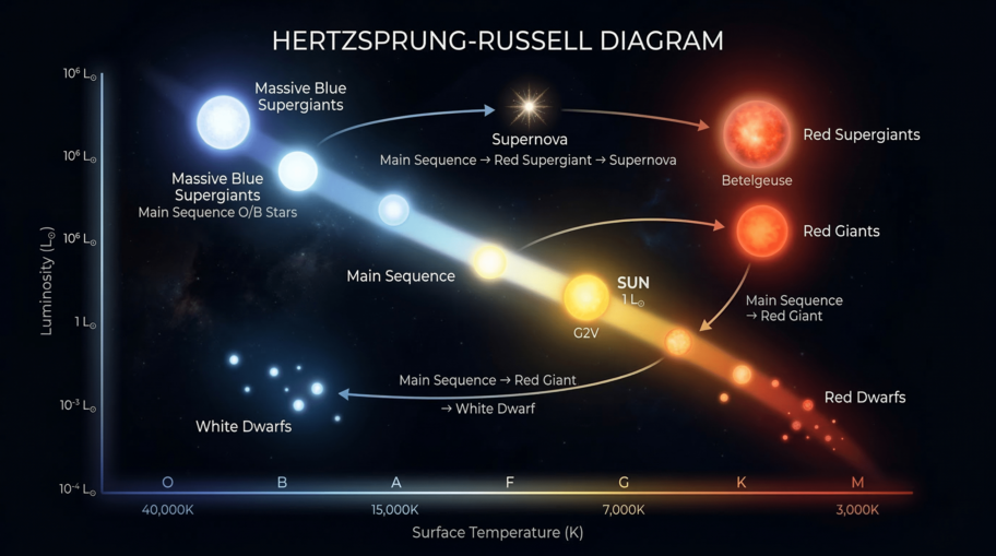 Hertzsprung-Russell Diagram showing star classification by temperature and luminosity