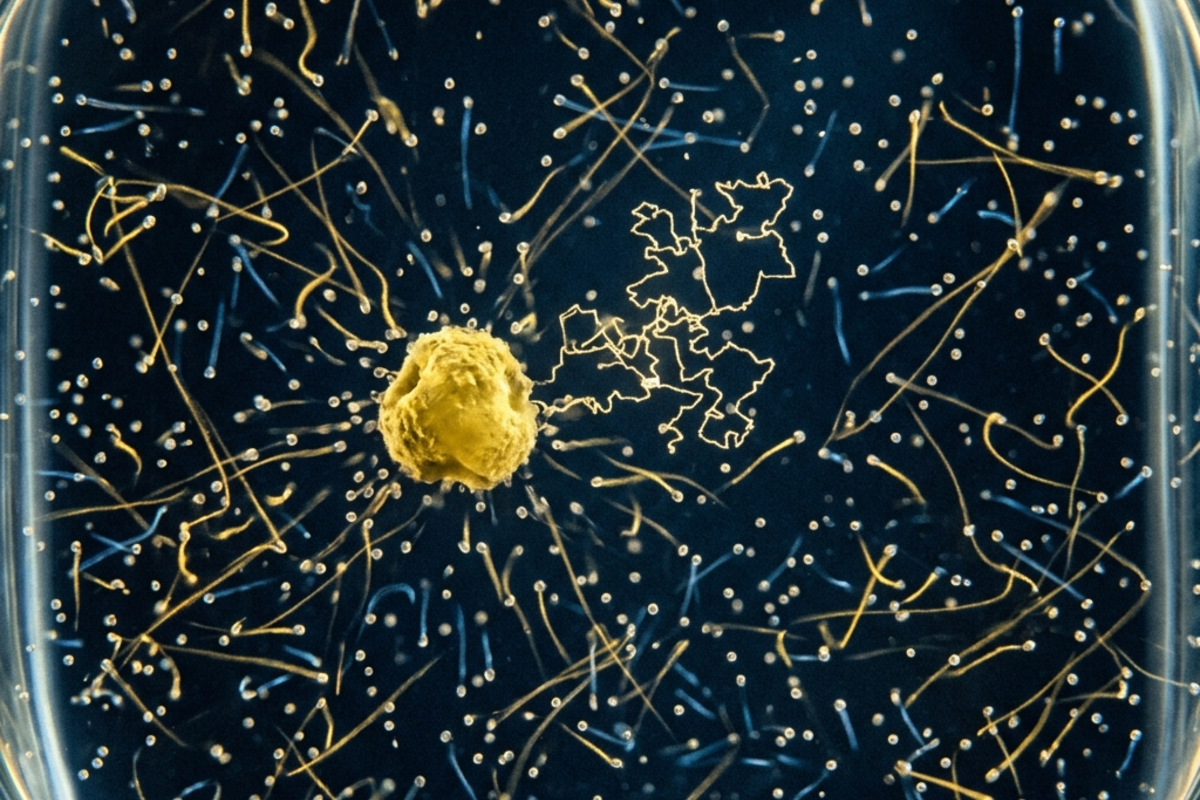 Magnified view of water molecules in rapid random motion bombarding a visible pollen grain, leaving a random-walk trail
