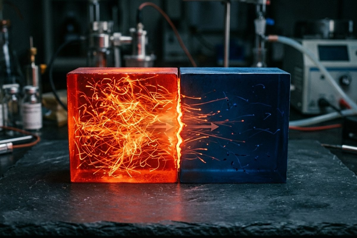 Hot and cold metal blocks in contact, energy flowing irreversibly from hot to cold toward equilibrium