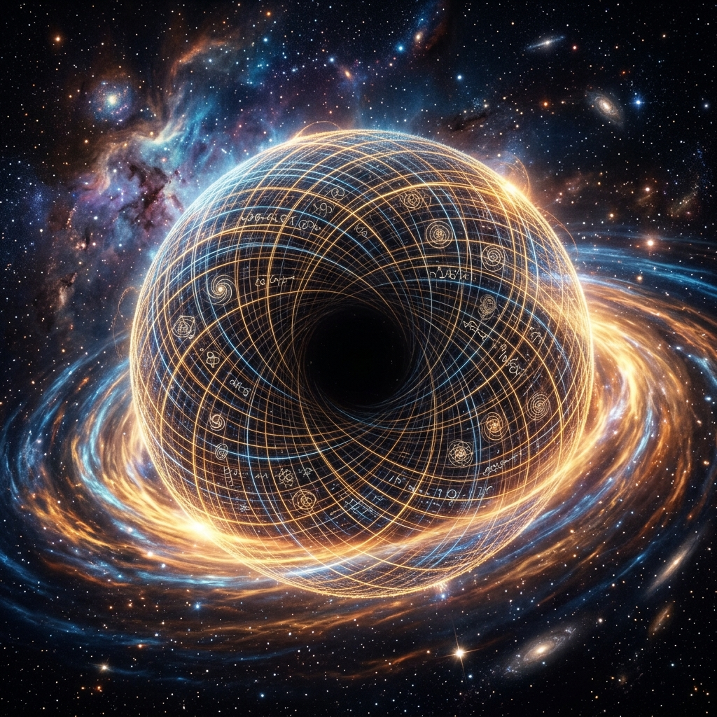 A black hole whose event horizon is woven from countless tiny glowing strings, each string a thread of the surface, with faint mathematical notation of an area formula shimmering across the horizon