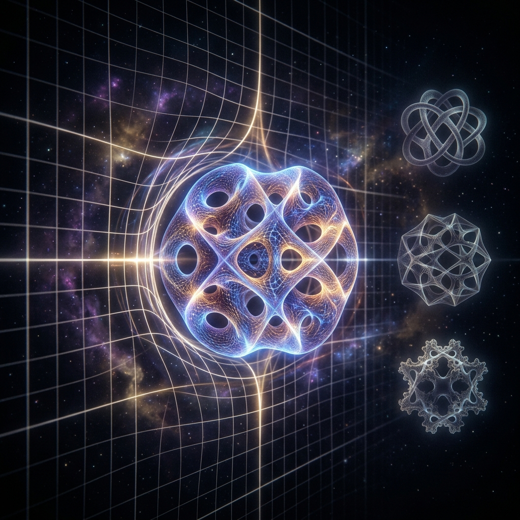 A grid of ordinary space where, at one magnified point, six extra dimensions are shown curled into an intricate glowing many-holed geometric knot, with three or four alternative knot shapes floating faintly beside it