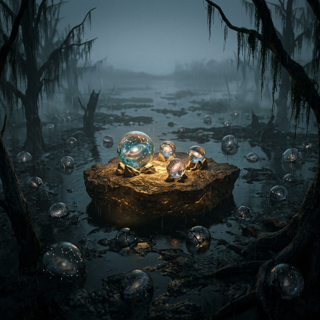 A small solid glowing island of ground holding a few tiny model universes, surrounded by a vast dark misty swamp in which countless other faint universes are sinking and dissolving