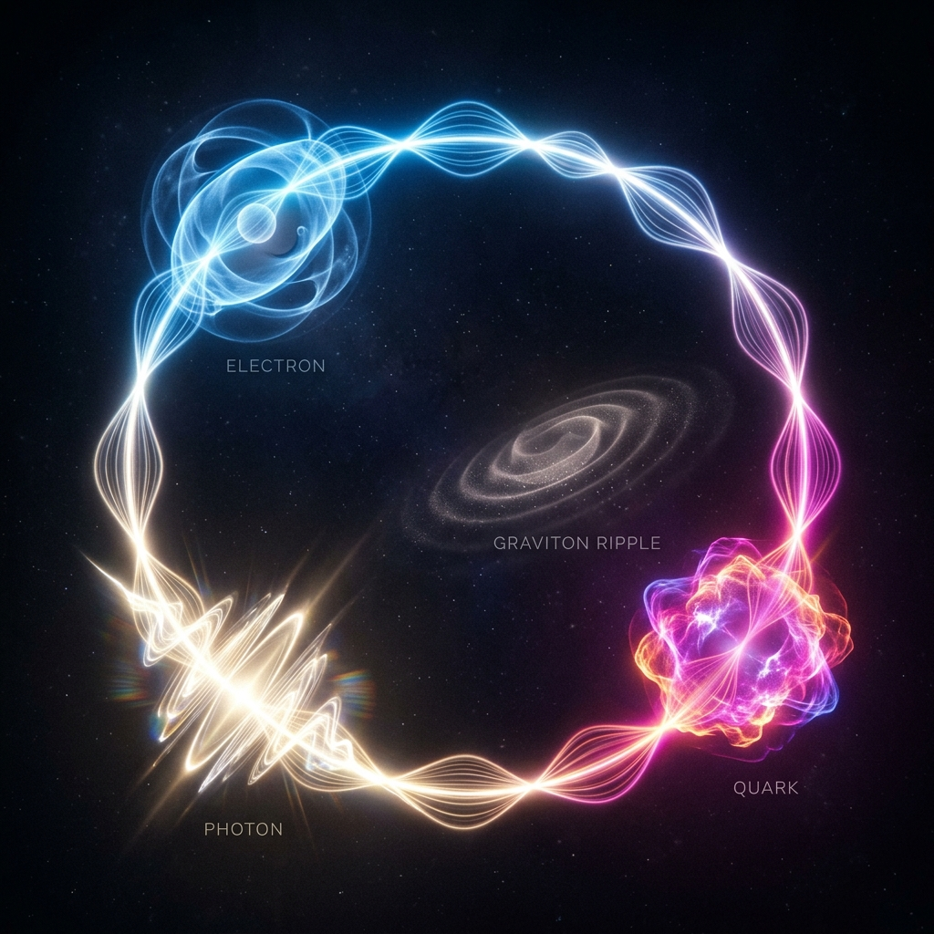 A single luminous loop of string vibrating in several different standing-wave patterns at once, each pattern glowing into the ghostly silhouette of a different particle - electron, photon, quark, and a faint graviton ripple