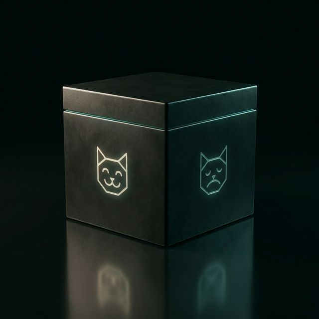 Sealed chamber containing quantum experiment linked to macroscopic outcome, illustrating boundary between quantum and classical