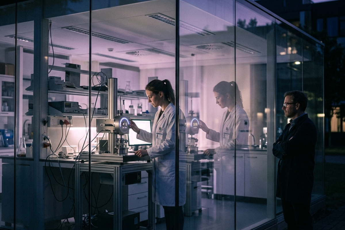 Scientist inside a sealed glass lab observing a quantum measurement while an outside observer sees the entire lab including the scientist as a ghostly superposition of two possible outcomes
