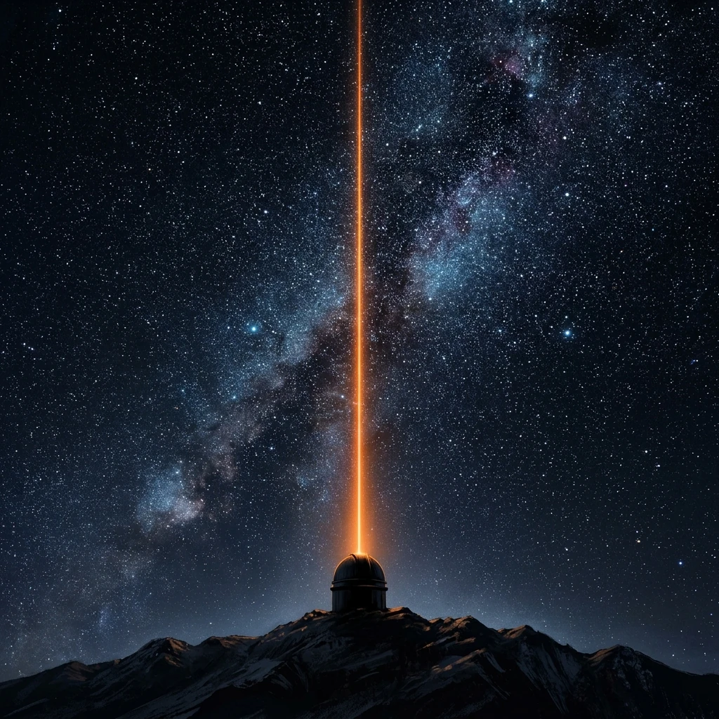 A brilliant orange laser beam rising from an observatory dome into a dense field of stars, its column fading into the upper atmosphere far above the mountain